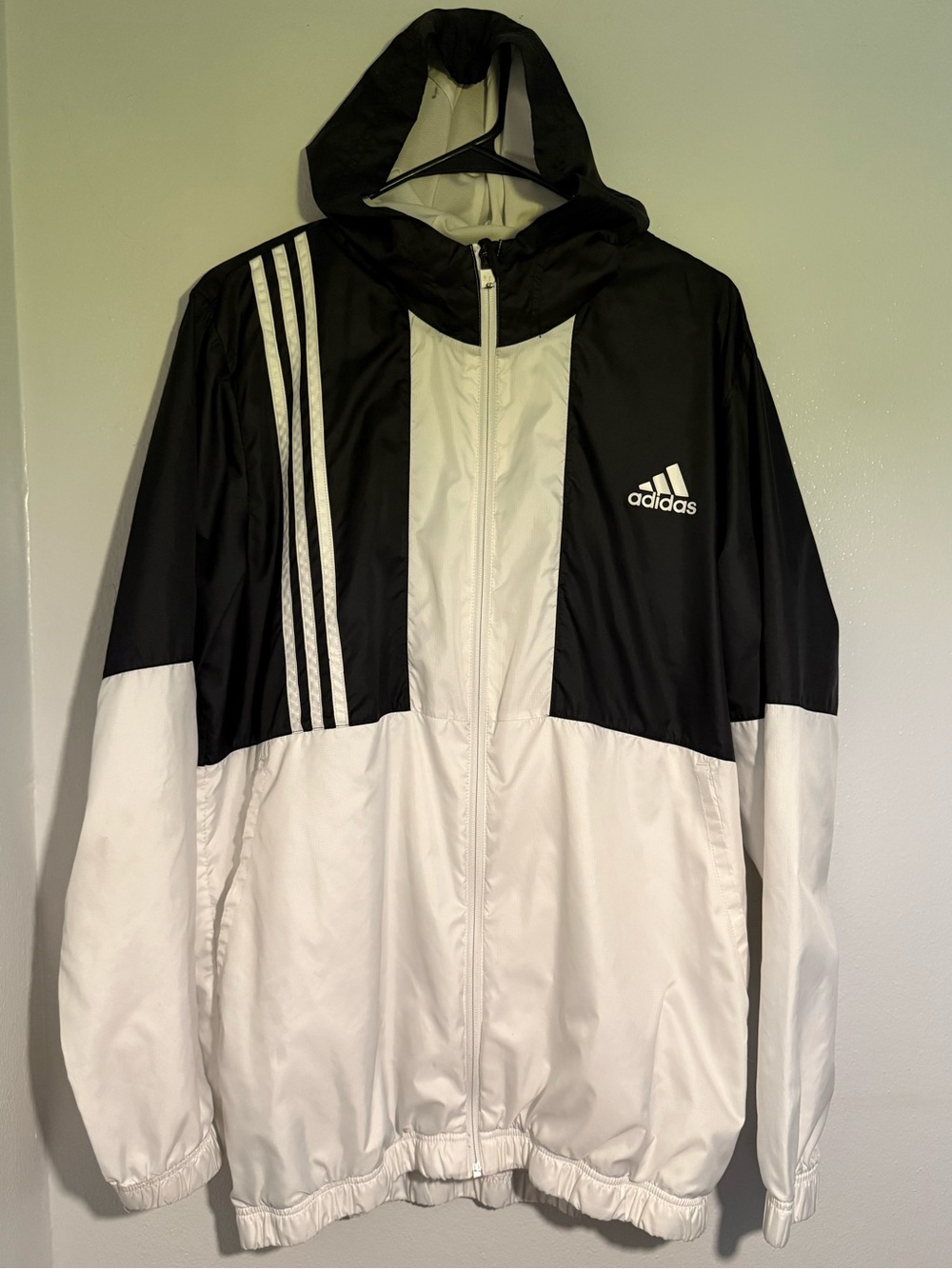 Adidas Black & White Hooded Windbreaker Full Zip - Size Large - Picture 1 of 6